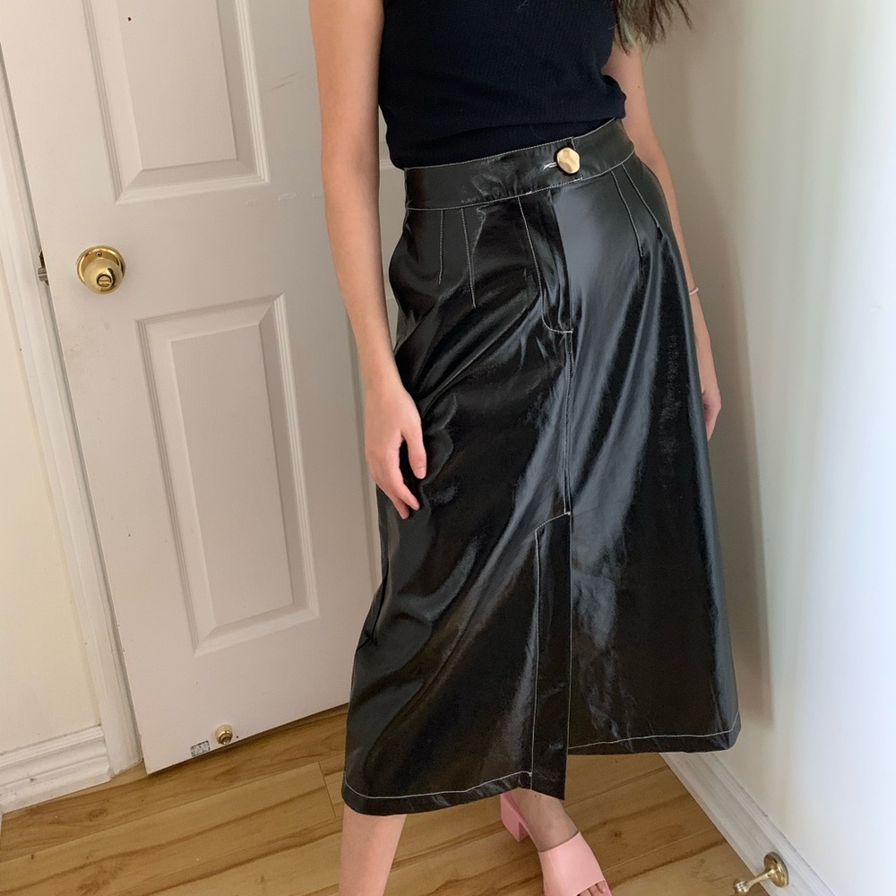Topshop Black Vinyl Midi Skirt